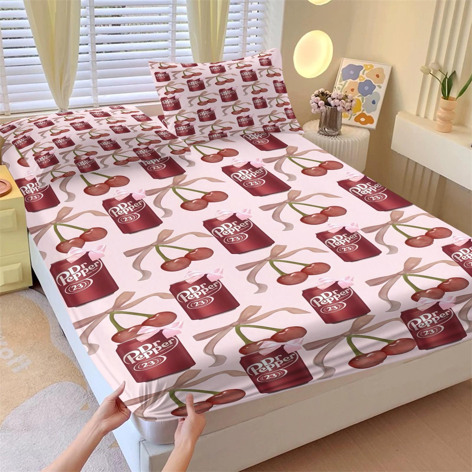 3 Piece Dr Pepper Cherry Fitted Sheet Set, 1 Fitted Sheet + 2 Pillowcases, Retro Soda Drink Pink Bow Bedding, Cute Girly Bedroom Decor for Soda Lovers, Ideal Gift for Dr Pepper Fans