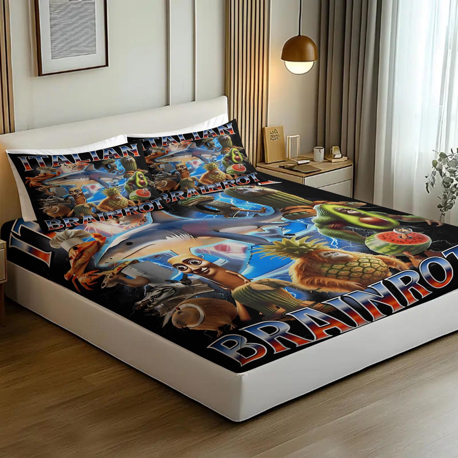 3-Piece Set Of Brain Rot Patterned Bed Sheets, Including 1 Bed Sheet And 2 Pillowcases, Comfortable Bedding, Non Slip Suitable For Bedrooms, Suitable For Gifts For Teenagers And Adults