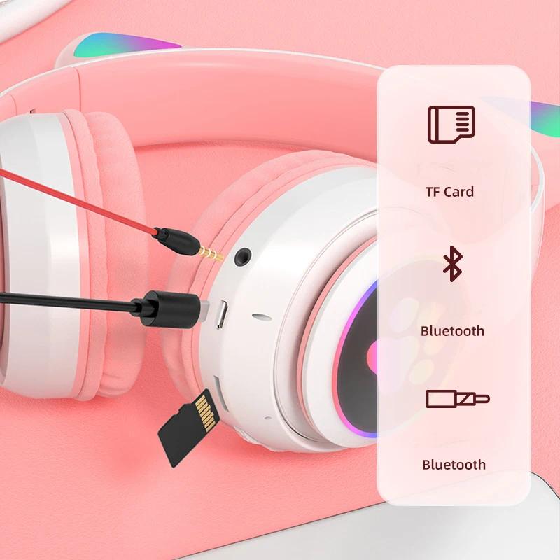 Flash Lamp Cute Cat Ears Headphone Bluetooth5.0 Stereo With Mic Support TF Card Wireless Kids Girl Earphone Birthday Gift btheadphones