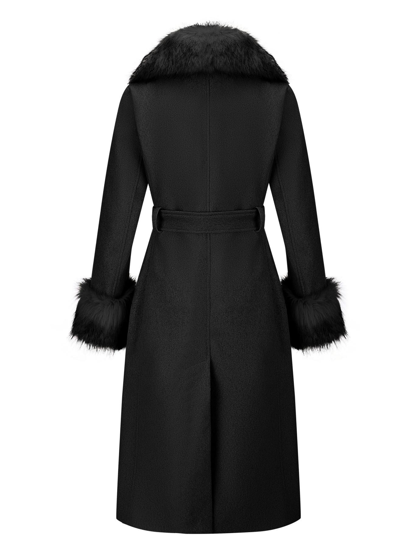 Women's Fall Winter Mid-Length Solid Color Coat, Warm Fitted Coat with Fur Collar, Waist Belt & Pockets, Casual Style, Jackets