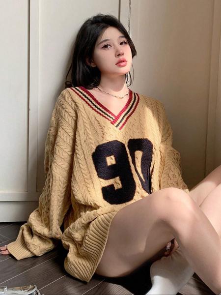 Plus Size Women's Knitted Sweater, Knitwear, Casual Loose-Fit V Neck Pullover, Long Sleeve Drop Shoulder Top for Fall & Winter