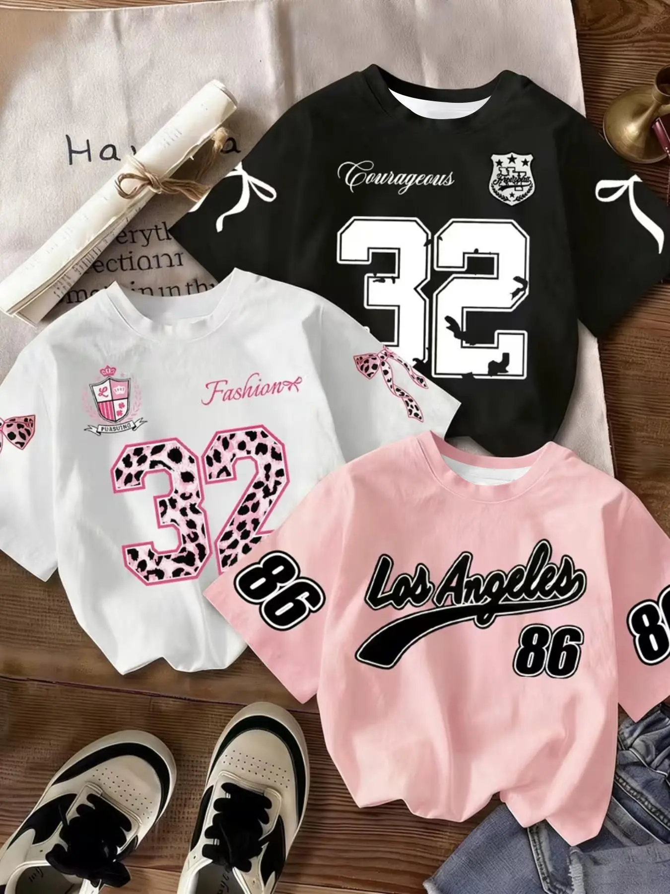 3pcs Teen Girls Polyester T-Shirts, Graphic Printed Tees, Creative Los Angeles Leopard Butterfly Print, Sister Letter Design, All Seasons Casual Fitted Tee