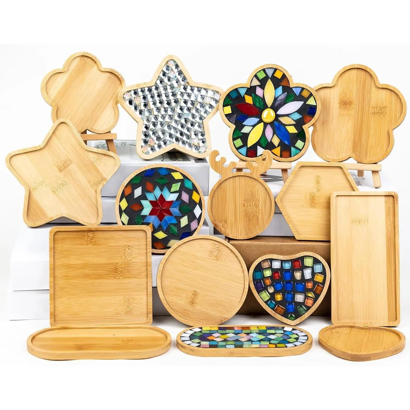 10pcs Wooden Assorted Shapes Mosaic Bases for DIY Mosaic Coaster Kit, with Wooden Surface for Handcrafted Glass Mosaic Tiles Crafts for Adults and Kids