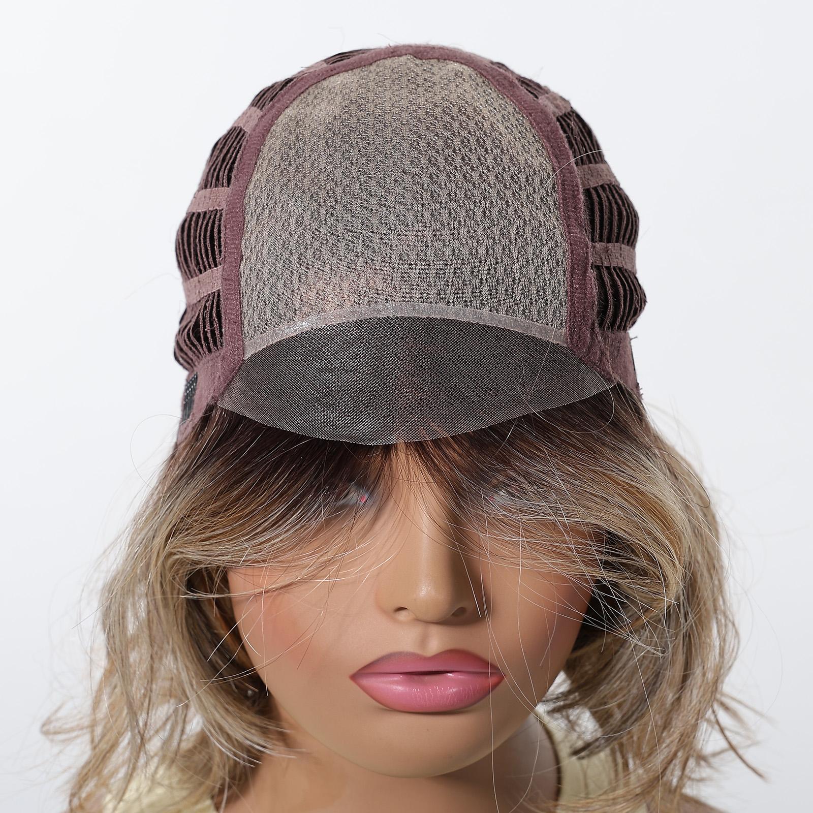Topshe Hand Tied Mono Base Short Bob Wig, Dark Root Ash Brown Highlight Flip Out Loose Wave Bob, Breathable Mono Top Realistic Scalp, Glueless Wear & Go No Bleach, Tangle Free Heat Resistant Synthetic Hair, Synthetic Material Wigs