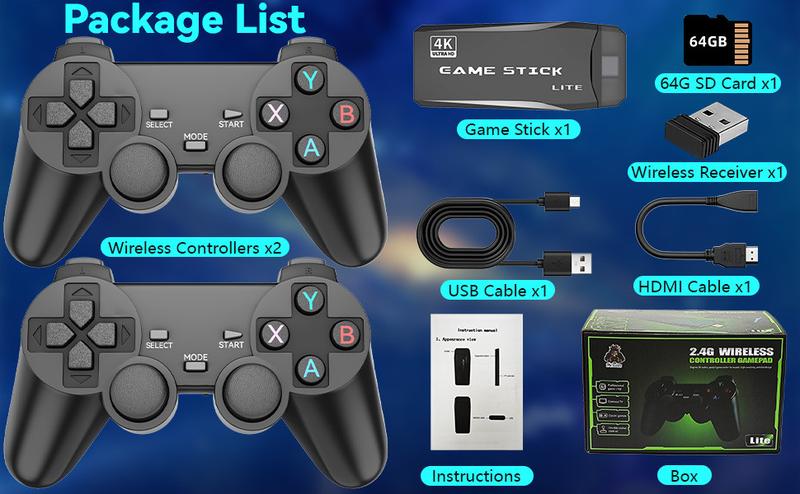 Retro Gaming Console with Dual Controllers, 20,000+ Games, 9 Emulators Built-in, 4K HDMI Output, Plug and Play Video Game Stick, Perfect for TV (64GB) Wireless Usb