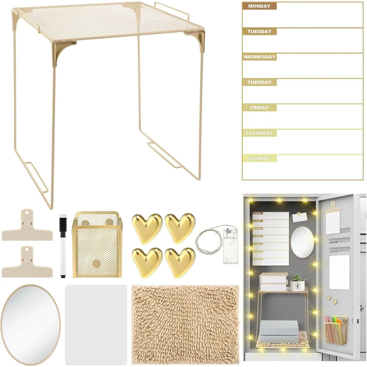 Locker Accessories Kit,14 Pcs Storage Organizer,Gold,Heart Style | Magnetic Whiteboard, Shelf, Course Schedule, Mirror, Pen Holder, Dry Erase Pen, Rug, Clips, Light String