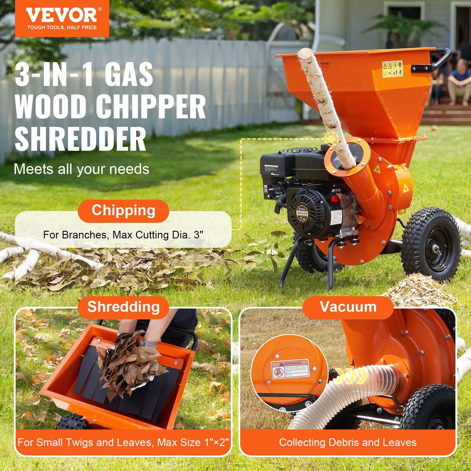 VEVOR Wood Chipper Shredder Mulcher, 7HP Heavy Duty Gas Powered Engine, 3 Max Diameter 212cc 4.1 kW, 4-Stroke 3-in-1 Woodchipper, Fast Chipping Chopping for Forestry, Gardens, EPA Certified