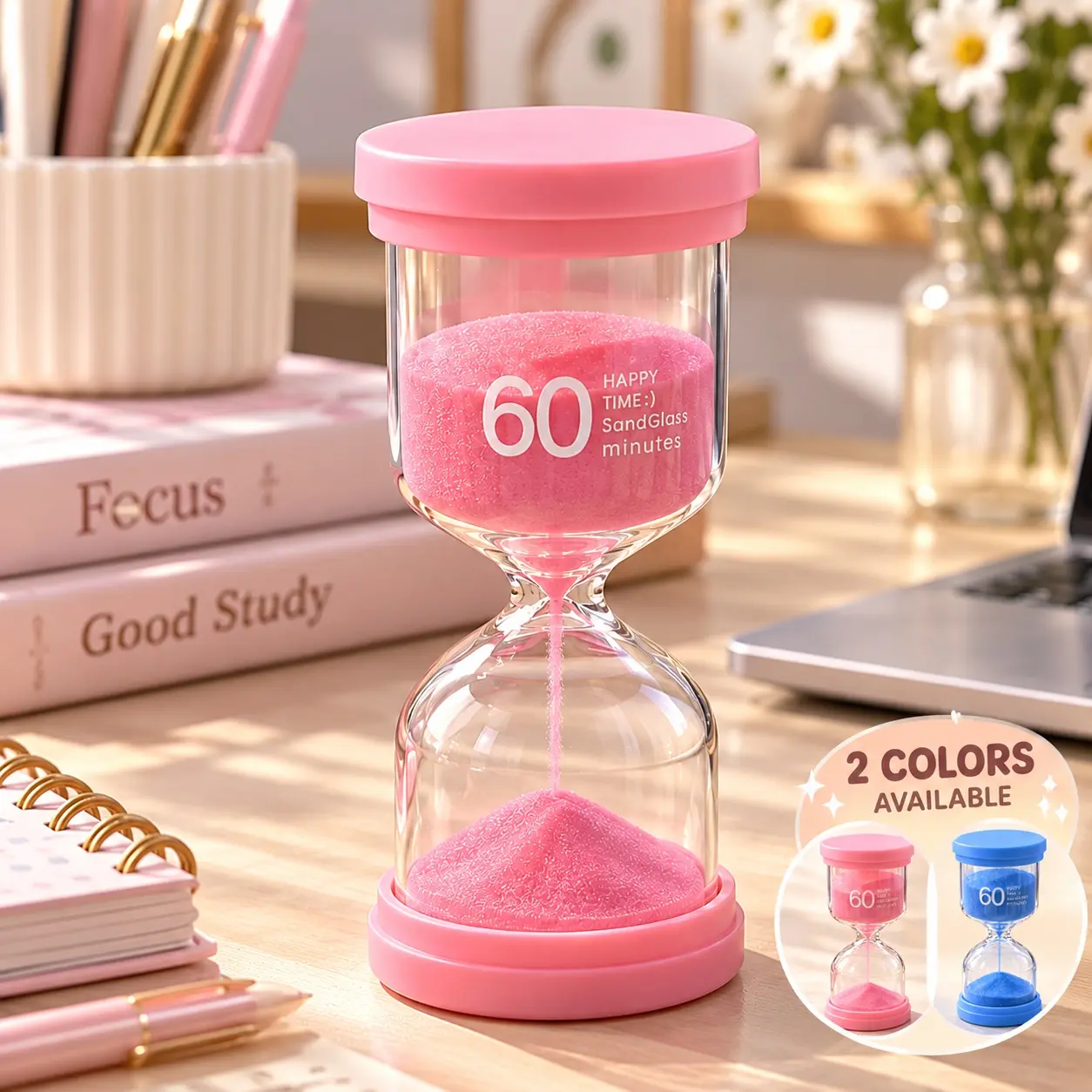 60 Minute Hourglass Sand Timer, Cute Glass With Timer Study Focus Timer for Reading, Work, Office & Home, Aesthetic Desk Decor, Classroom Timer, Gift for Students, Pink & Blue Options