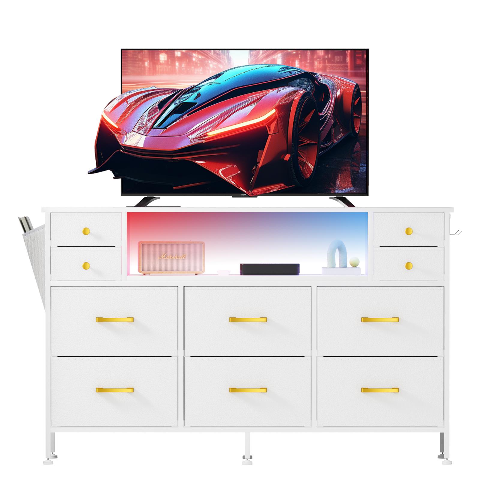 10-Drawer Dresser with Charging Station & LED Lights – Fabric Storage Organizer with Faux Leather Front, TV Stand for 55" TV, USB Ports, Side Pockets & Hooks, for Bedroom, Closet, Entryway, 47.2" W