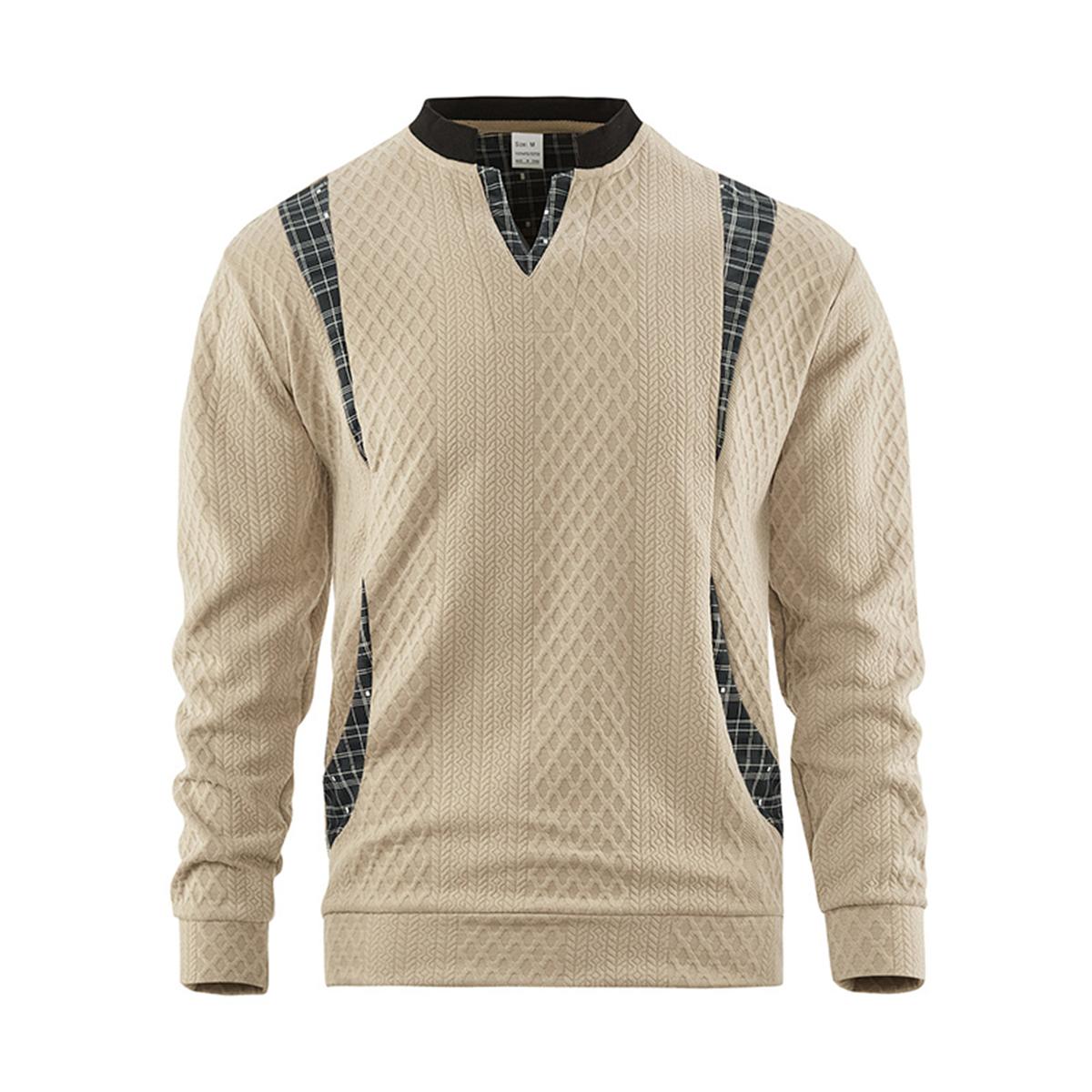 Men's Long Sleeve Crewneck Pullover & V-Neck Top - Polyester, Diamond-Patterned, Plaid-Spliced, Retro Color-Block, Striped, Contrast Stripes, Foldable Casual Autumn Winter Streetwear Sweatshirt