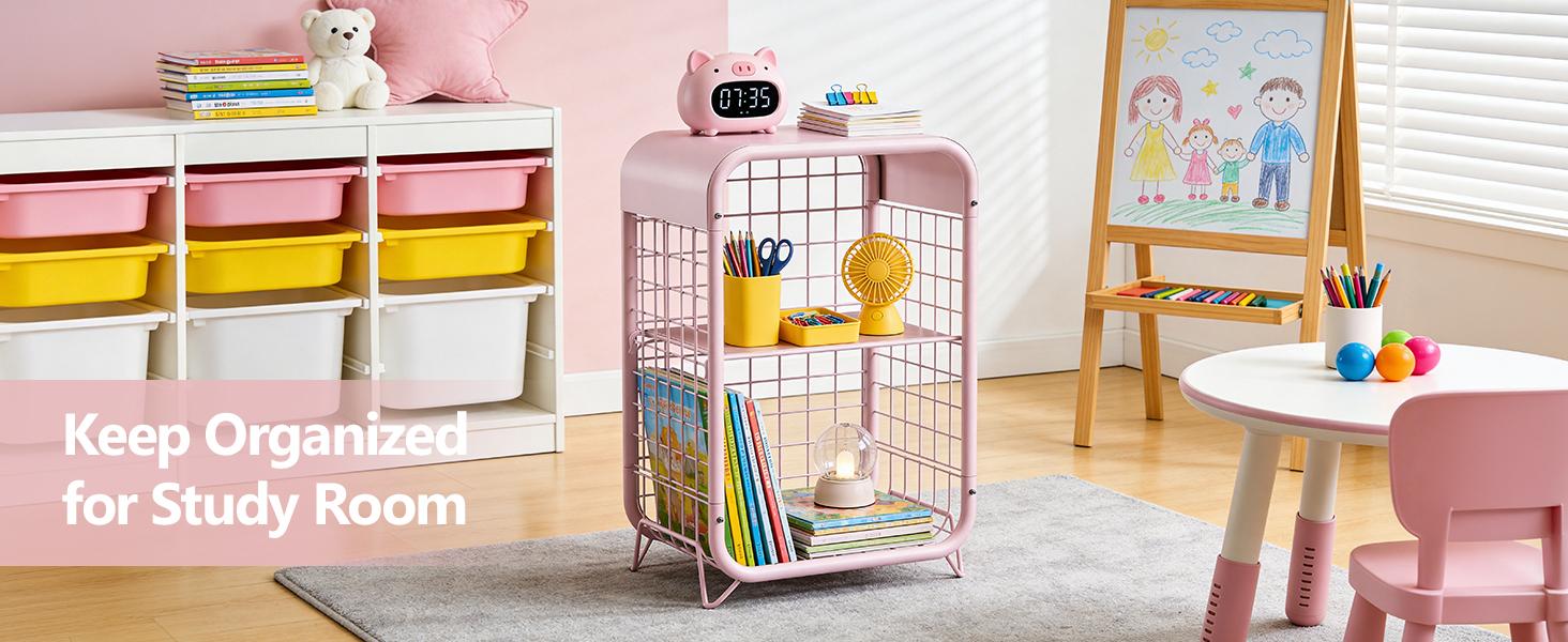 Cute Nightstand, Metal End Table, Side Table with Storage, 3-Tier Narrow End Table for Girls, Small Beside Table for Bedroom, Living Room, Office, Decor, Pink