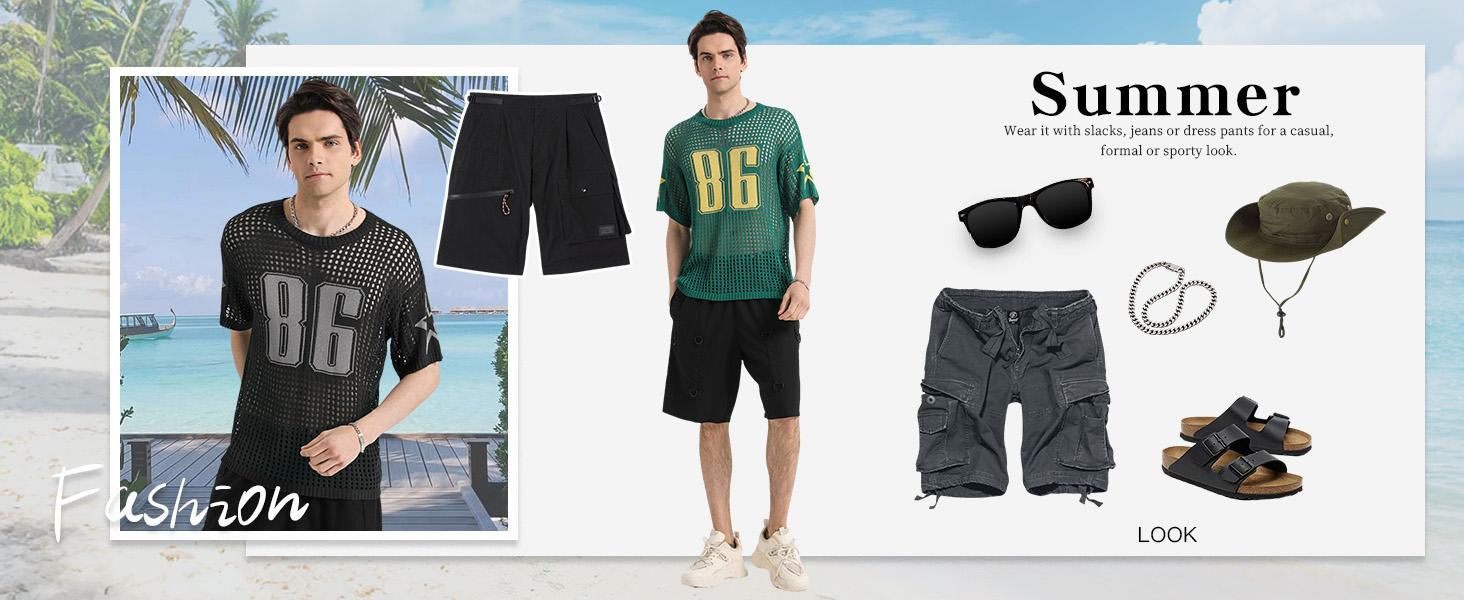 HYPESTFIT Men's Jacquard Hollow Out Knitted Sweater Shirt Street Life  Number Graphic Round Neck Shrt Sleeve Pullovers Top Football Style  Casual Knitwear