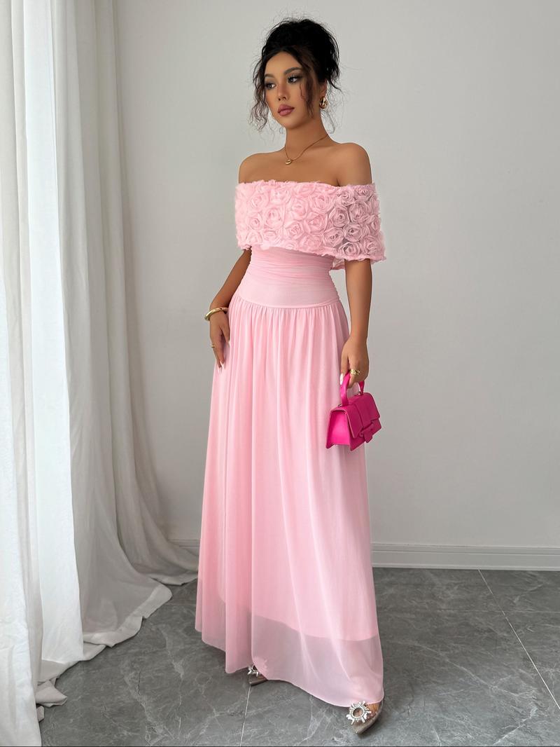 Fashion Elegant One Shoulder Floral Decorated Waist Cinched Long Dress, Fitted Plain Style for Fall & Winter, Women's Clothing