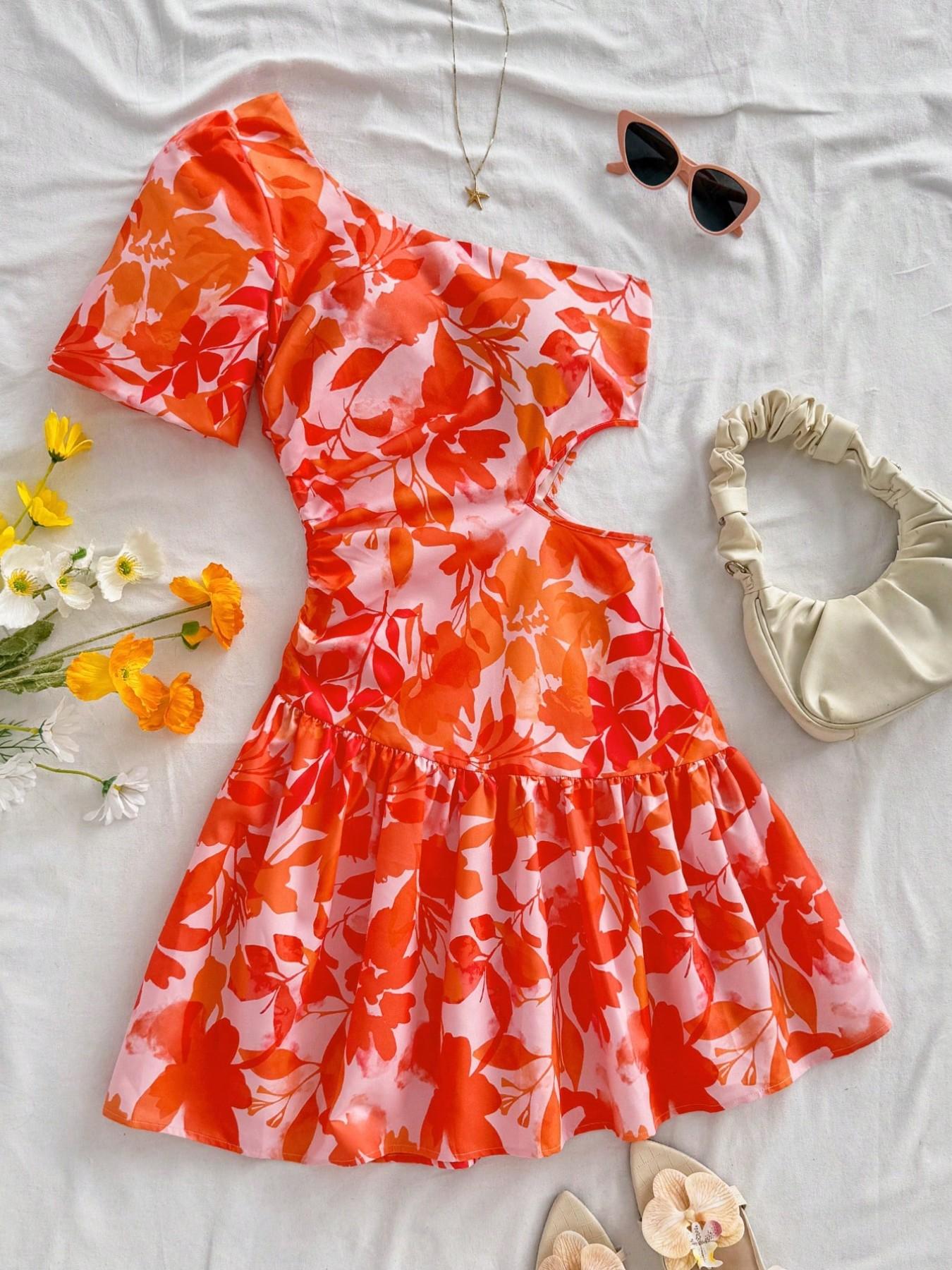 Women's Asymmetrical Neckline Bubble Sleeve Mini Dress, Hollow Waist Floral Print Summer Dress, One Shoulder Vacation Dress