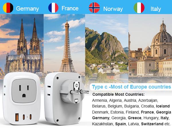 Germany France Power Adapter with 2 USB C, 4 AC Outlets. EU Plug Adapter for US to Europe, Korea, Iceland, Greece, Spain. Germany France Power Adapter with 2 USB C, 4 AC Outlets. EU Plug Adapter for US to Europe, Korea, Iceland, Greece, Spain.