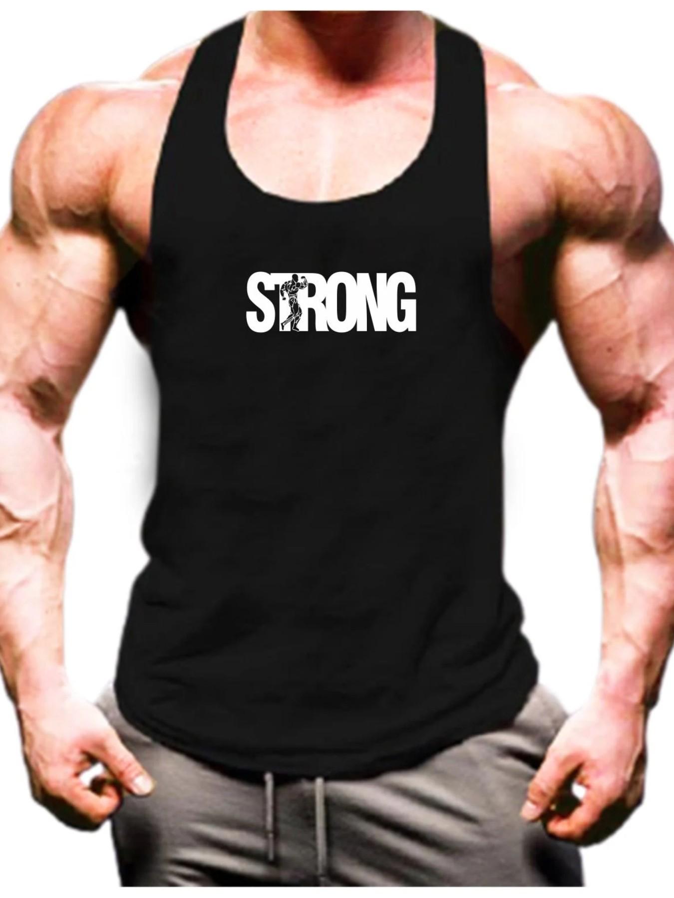 Men's Strong Weightlifting Graphic Tank Top, Sporty Loose-Fit Sleeveless Workout Shirt, Muscle Building Fitness Apparel for All Seasons
