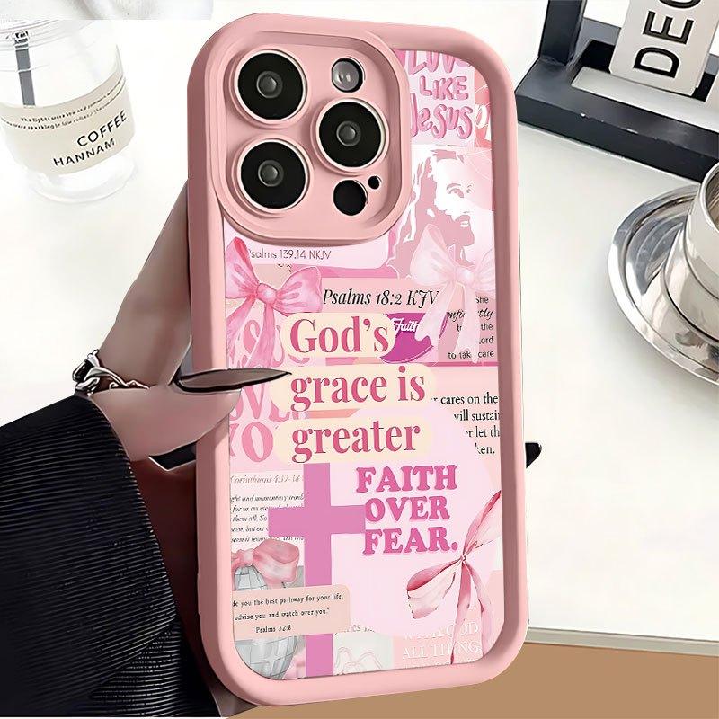 Protect Your Phone Soft Pink Phone Case with The Cross Of Jesus Pattern UV Printing for iPhone 17 Air 16 15 16e 14 13 12 11 Pro Max Plus X XS Lightweight and