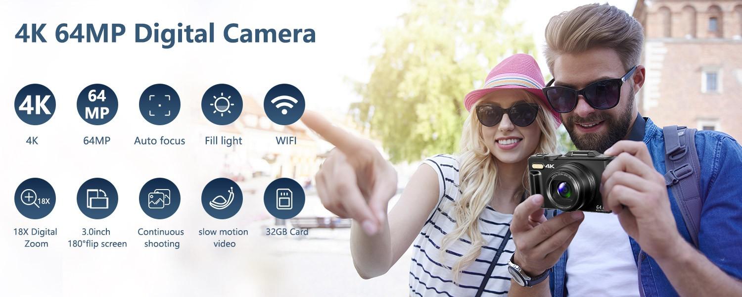 Digital Camera for Photography and Video, 4K Vlogging Camera for Beginner with 3" 180° Flip Screen, Auto-Focus 18X Digital Zoom Compact Retro Camera with 32GB Micro SD Card & 2 Batteries, Perfect Gifts for Halloween and Thanksgiving