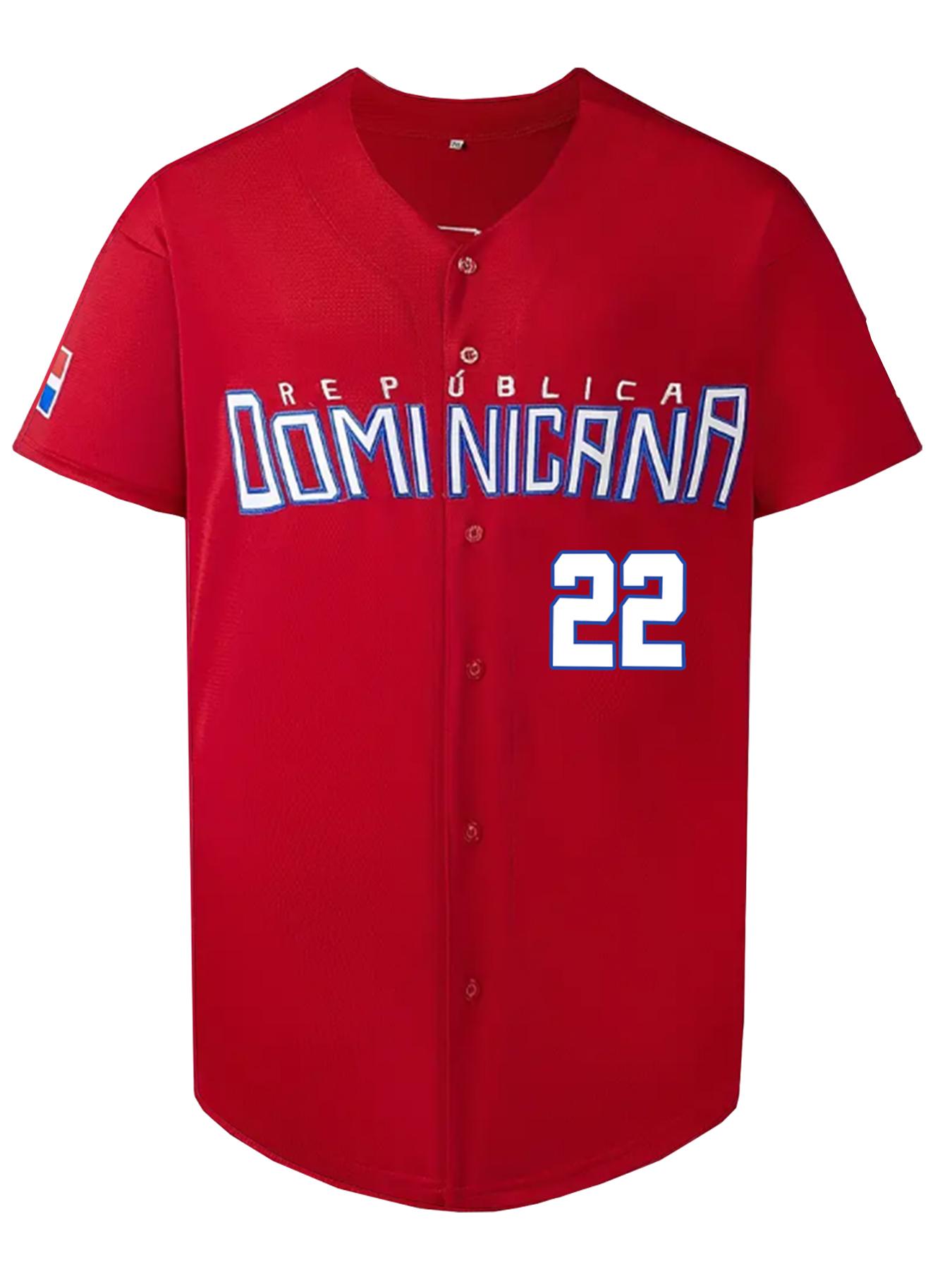 Men's Letter & Number Stitched Button Front Baseball Jersey, Stylish Jersey, Casual Loose Short Sleeve V Neck DOMINICANA 22 Baseball Top for Fall & Winter, Baseball Christmas Gifts
