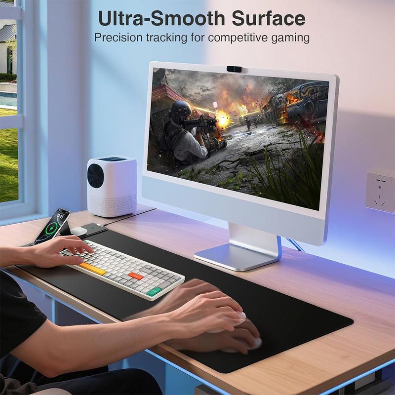 15W Wireless Charging Mouse Pad with Foldable Phone Holder, 31.5"x15.8" Extended Desk Mat for Laptop/Keyboard, Waterproof Ultra-Smooth Surface, Non-Slip Base