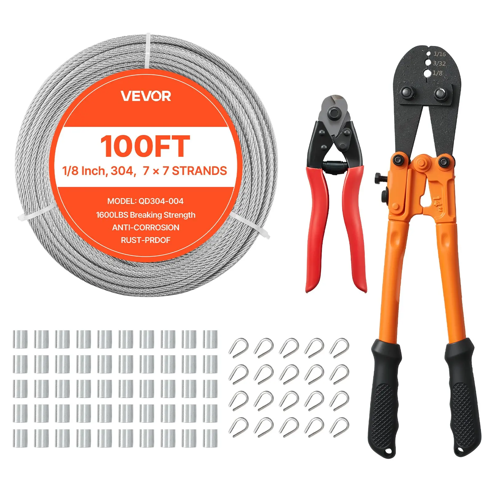 VEVOR 1/8 Inch Wire Rope Kit, 100 ft Length, 304 Stainless Steel Wire Cable with Cutter, 1600 lbs Breaking Strength, 7x 7 Strands Construction, Steel Cable for Deck Railing System, Garden Trellis