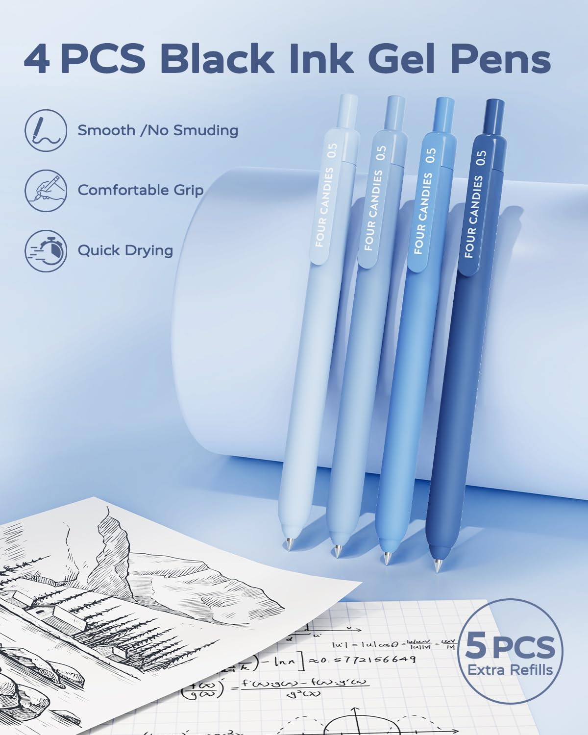 Four Candies Aesthetic School Supplies,Gel Pens with Black Ink,Correction Tapes,Pastel Highlighters, Mechanical Pencils, Sticky Notes, Index Post for Bible Study Supplies and Students Stationary art work, Colorful Marker Set Learning Materials Gift Ideal