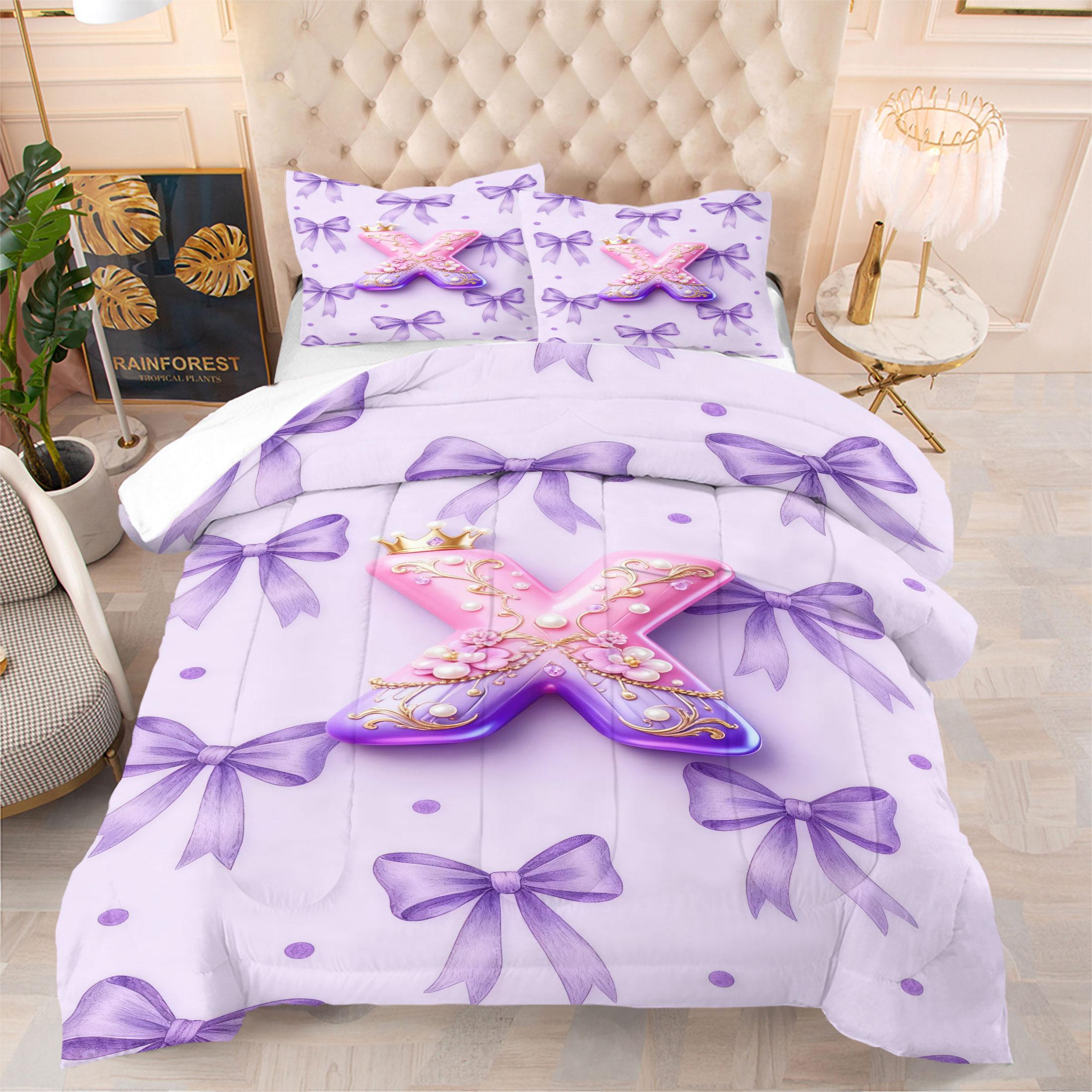 Bow Pattern Comforter Set, 3D Crown Letter Print Comfy Bedding Set, Fashion Princess Style Design, Soft and Comfortable Microfiber Material, Perfect for Girls Teenage Room Decor Home Decorating Kit, No Filler Included