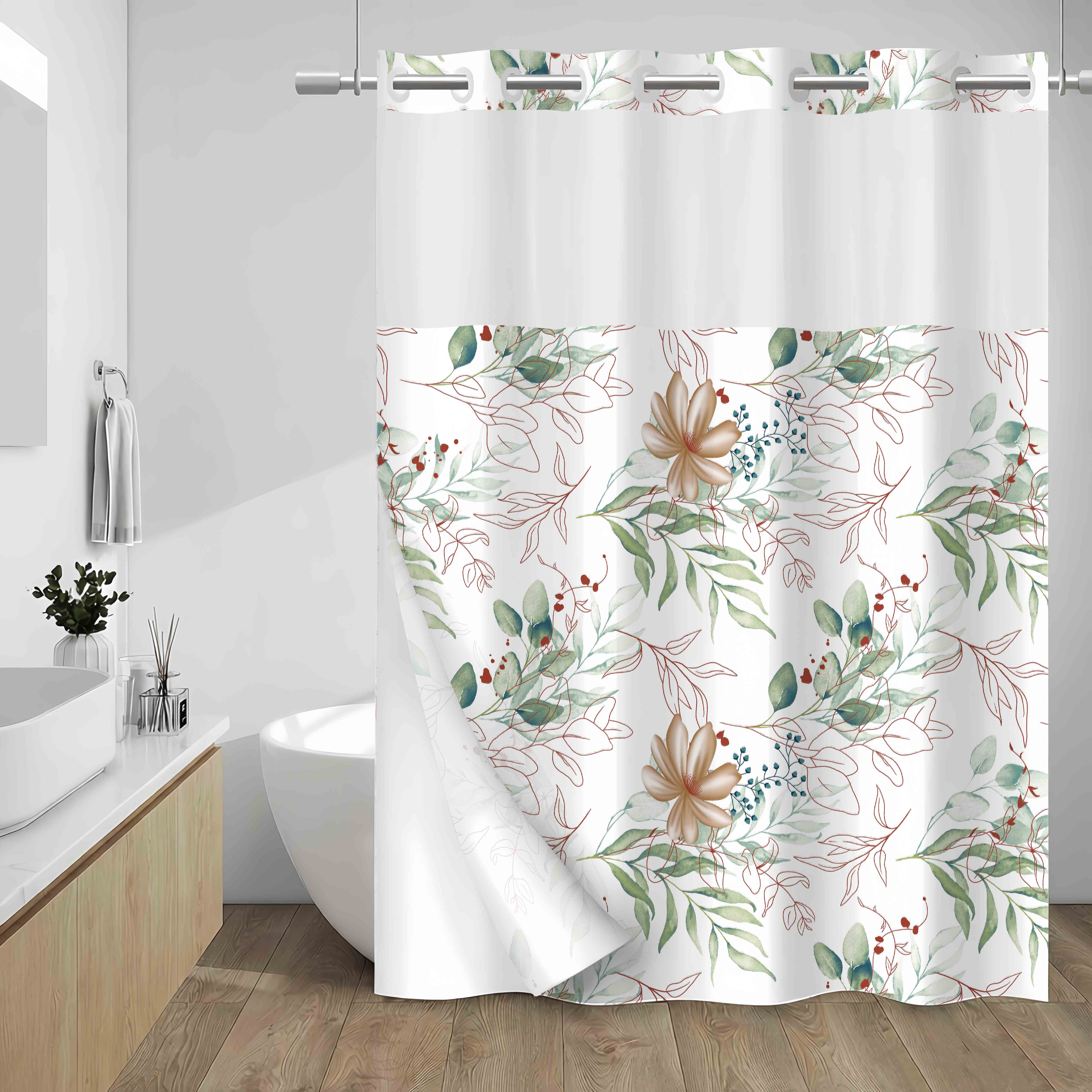 Double Layer Shower Curtain, Eucalyptus Leaf Theme, Waterproof, No Hooks, Easy Installation, Rustic Style, Hotel, Dorm, Home Decor, Decorative Shower Curtain, Bathroom Shower Curtains