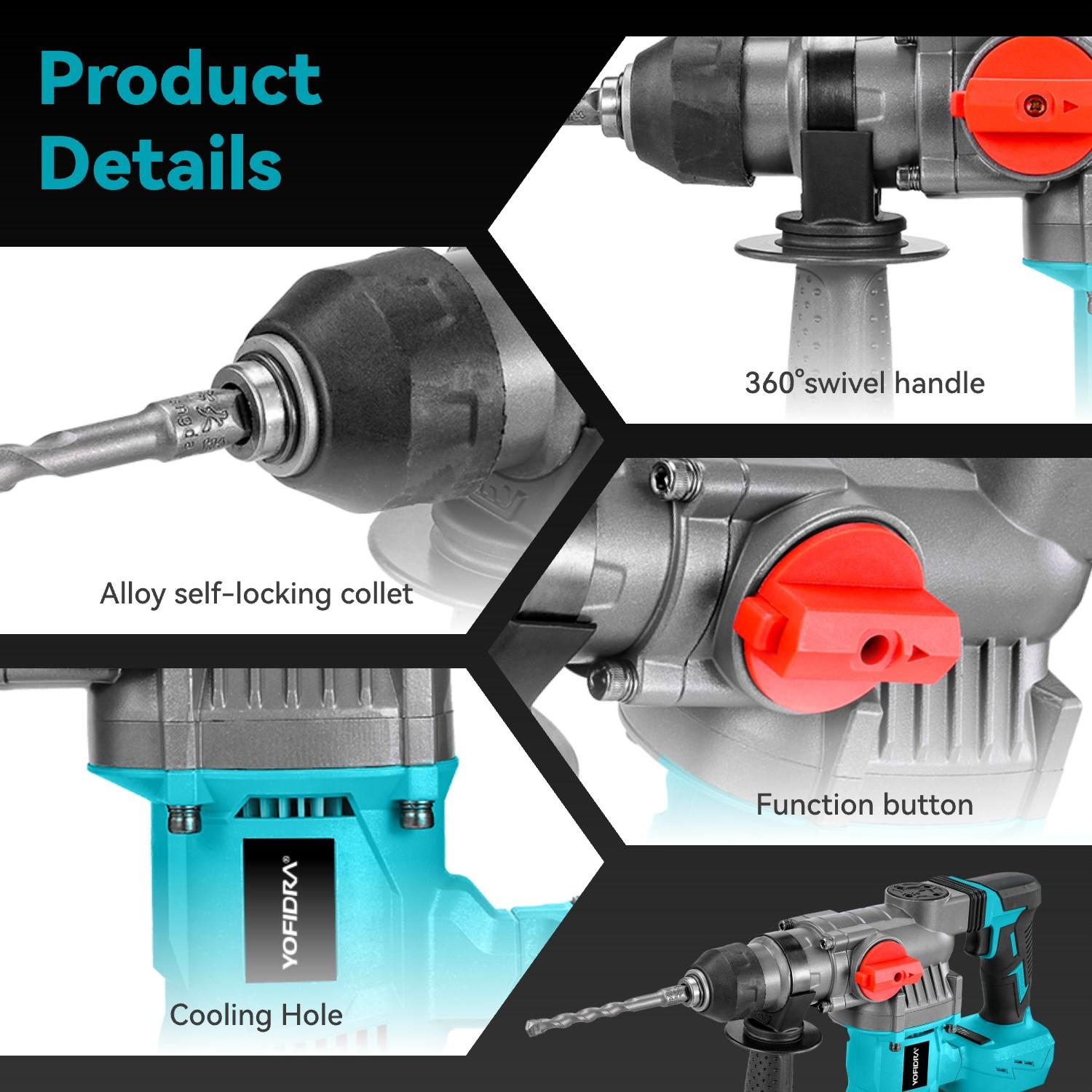 Yofidra Cordless Hammer Drill SDs Max Portable Electric 1500W 3J Impact Power 2-in-1 Demolition Hammer Chisel with 2x 3.0Ah Batteries Heavy Duty Handle Hardware drill Industrial Tool Kit Tool Box power tools Yofidra Cordless Hammer Drill SDs Max Portable Electric 1500W 3J Impact Power 2-in-1 Demolition Hammer Chisel with 2x 3.0Ah Batteries Heavy Duty Handle Hardware drill Industrial Tool Kit Tool Box power tools