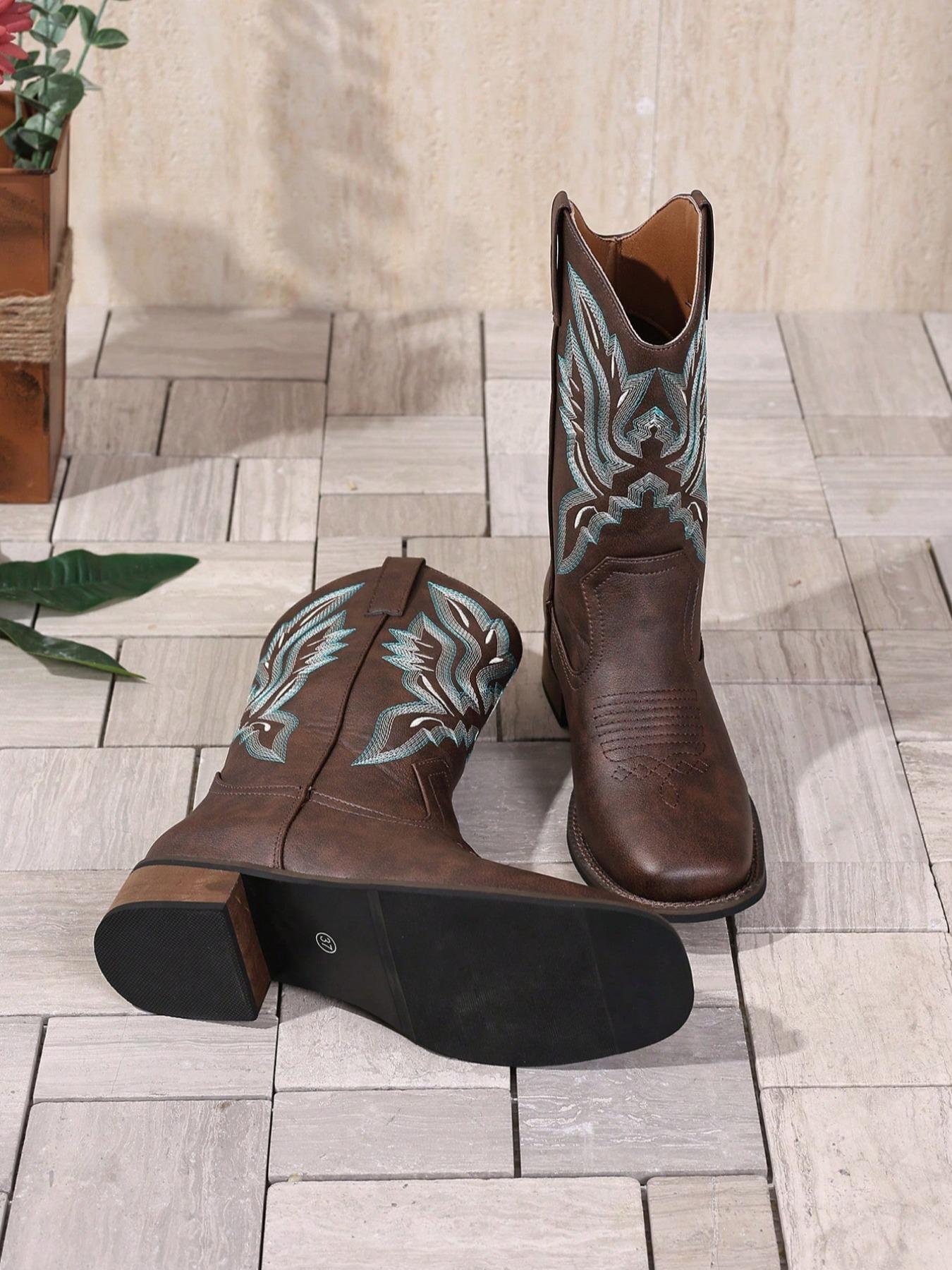 Women's Coffee Embroidered Square Toe Cowboy Boots, Mid-Calf Western Boot, Slip-On, Thick Heel, Ethnic Style, Winter Footwear