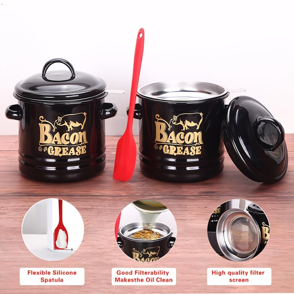 Enamel Bacon Grease Keeper with Fine Strainer & Lid, Strainers for Kitchen, Residue Filter Oil Dispenser, Reusable Round Food Storage Jar for Lard Meat, Farmhouse Red Kitchen Decor, Gift for Family Friends Christmas