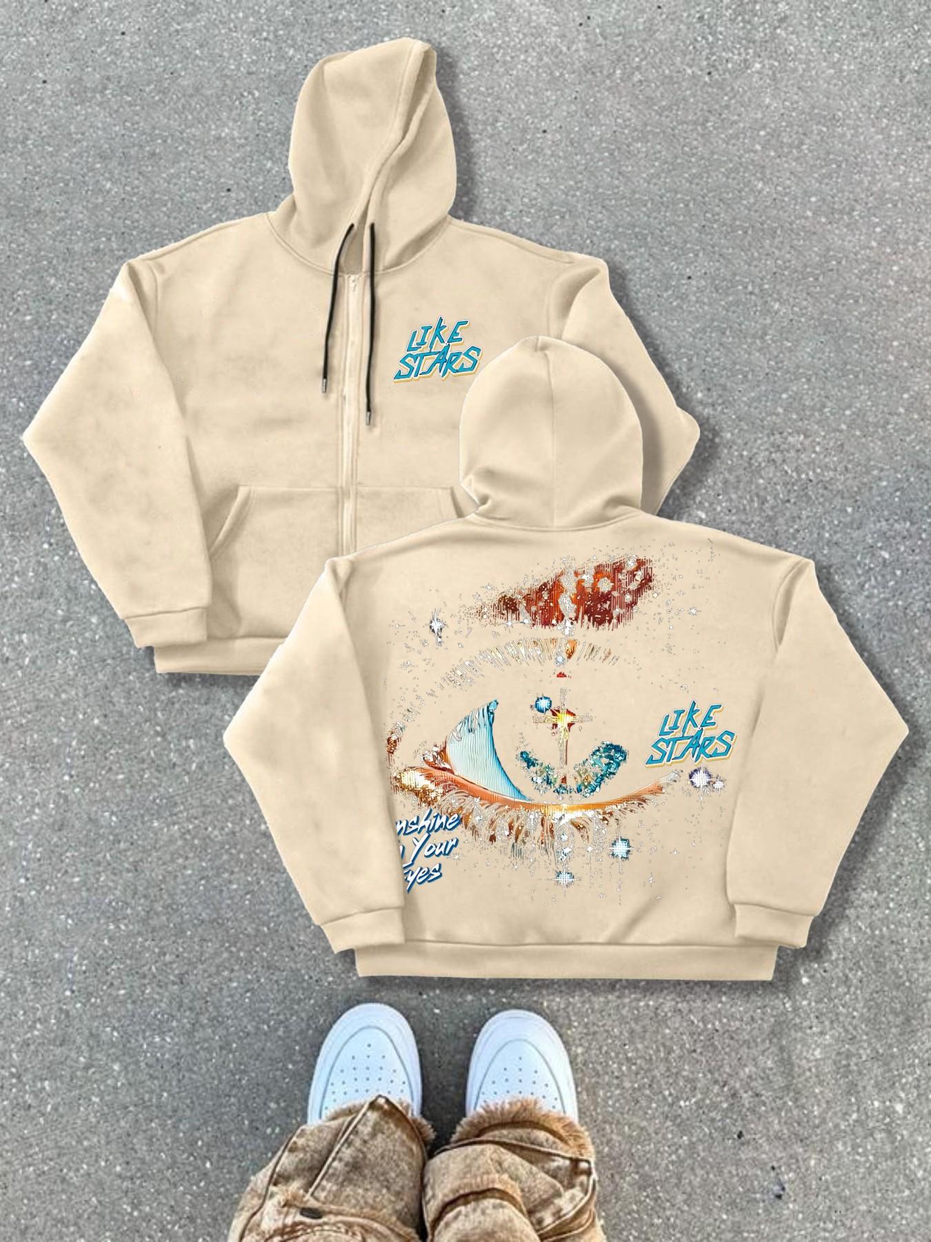 Autumn Winter Hooded Cardigan Sweatshirts Trendy Graphic Eye Letter Print Streetwear Street Style Fitted Knitwear, Thick Fabric, Perfect for Fall & Winter Seasons