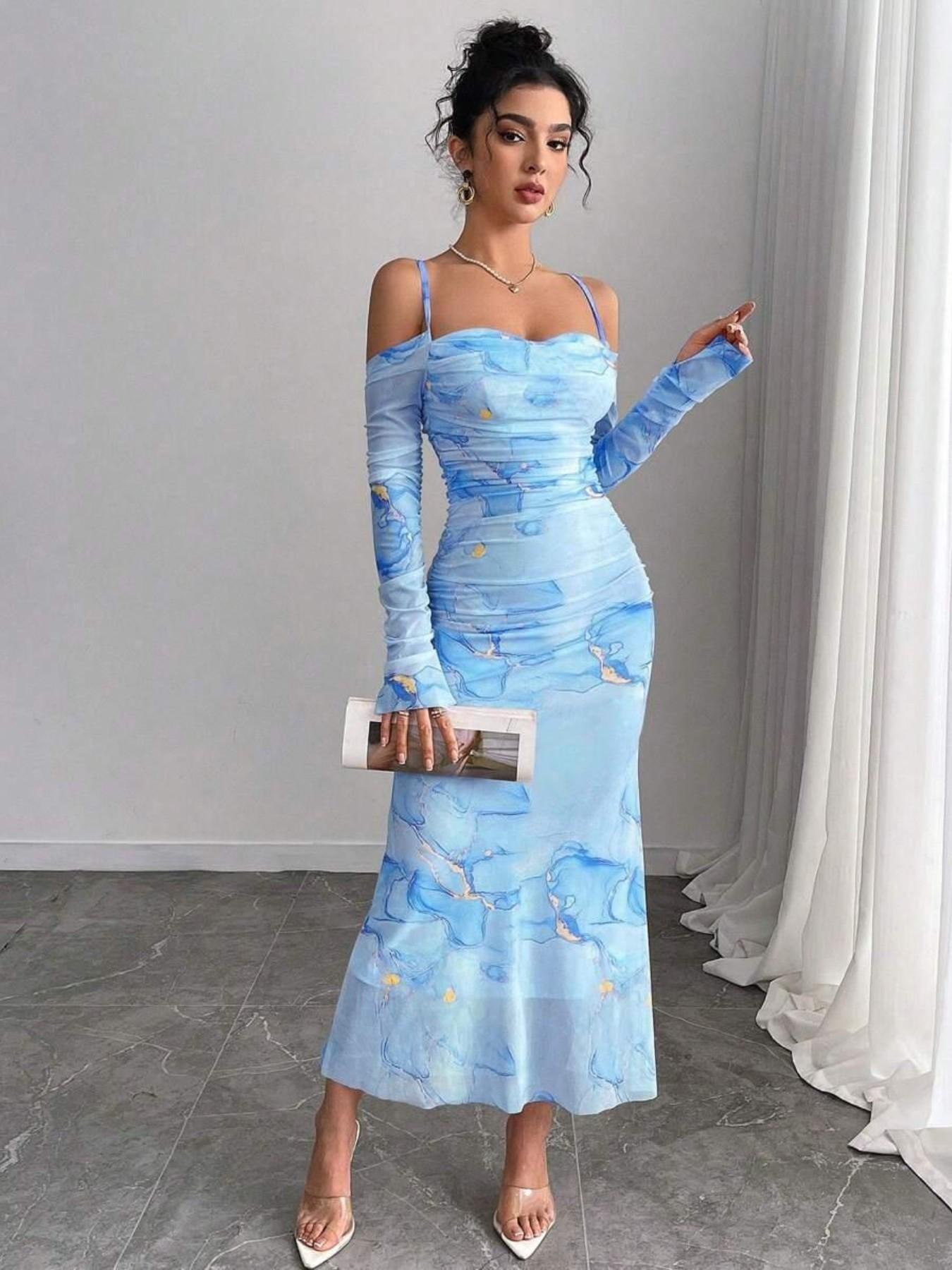 Lafayette Women's Mesh Long Sleeve Dress, Off-Shoulder Mermaid Skirt Gown, Elegant Evening Wear, Perfect for Special Occasions