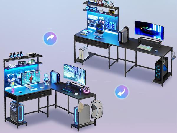 SEDETA L-Shape Gaming Desk Computer Desk with LED Lights Hanging Panel and Drawer with Brackets and Storage Shelves Home Office Corner Desk Modern