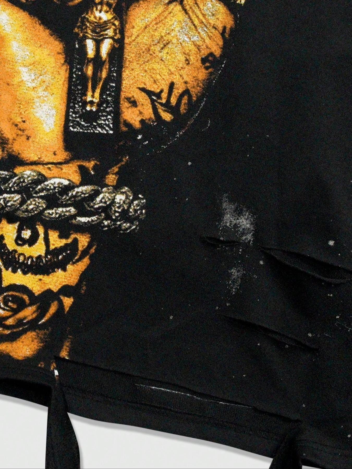 Men's Vintage Street Style Saint Graphic Print Long Sleeve Round Neck T-Shirt, Loose-Fitting Short Fit, Fall 2000s Fashion