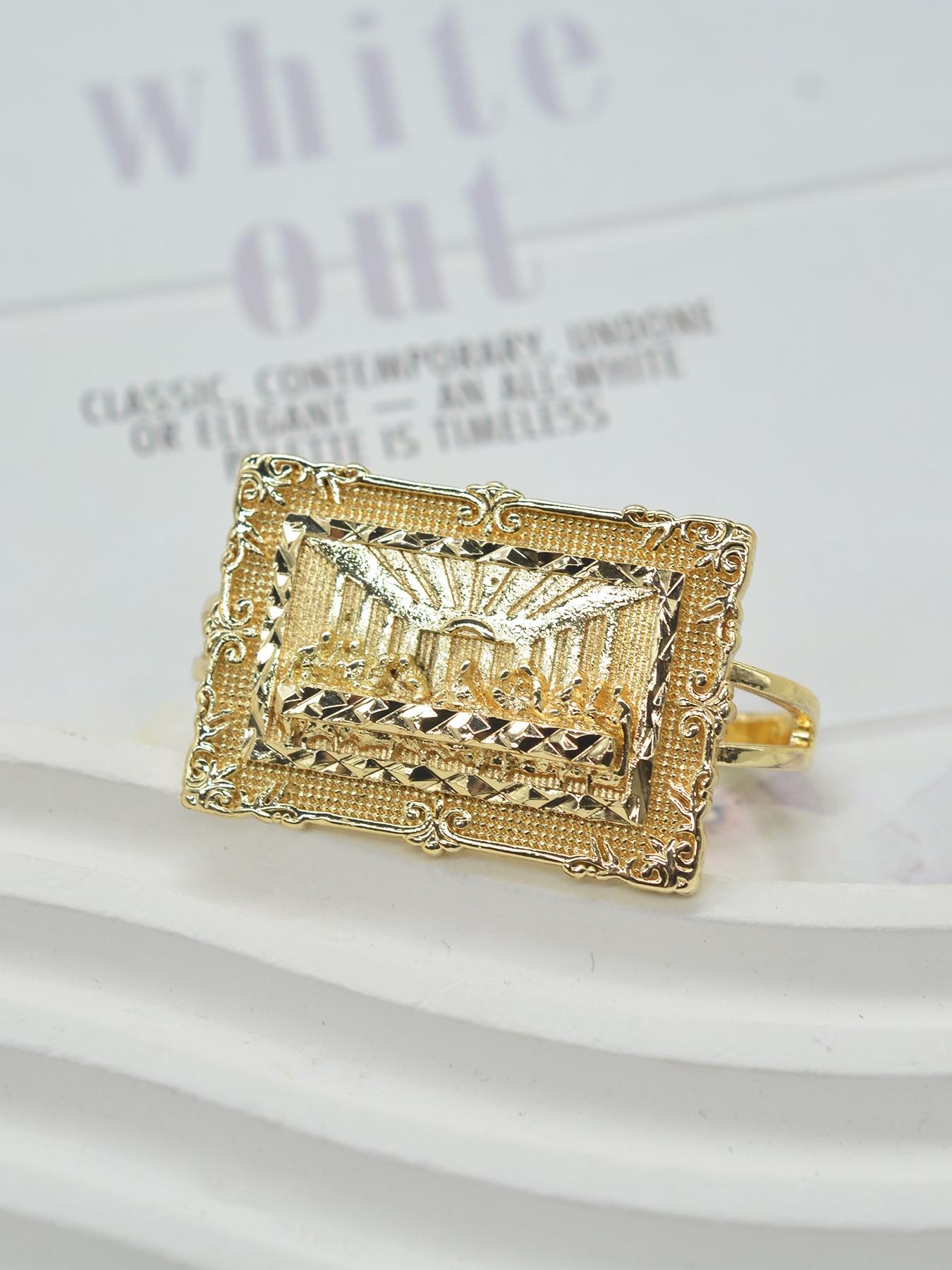 Punk Hip Hop Copper Gold Plated Last Supper Men's Two-Finger Ring, Religious Jewelry, Juda Thirteen Apostles Design, Unique Fashion Accessory