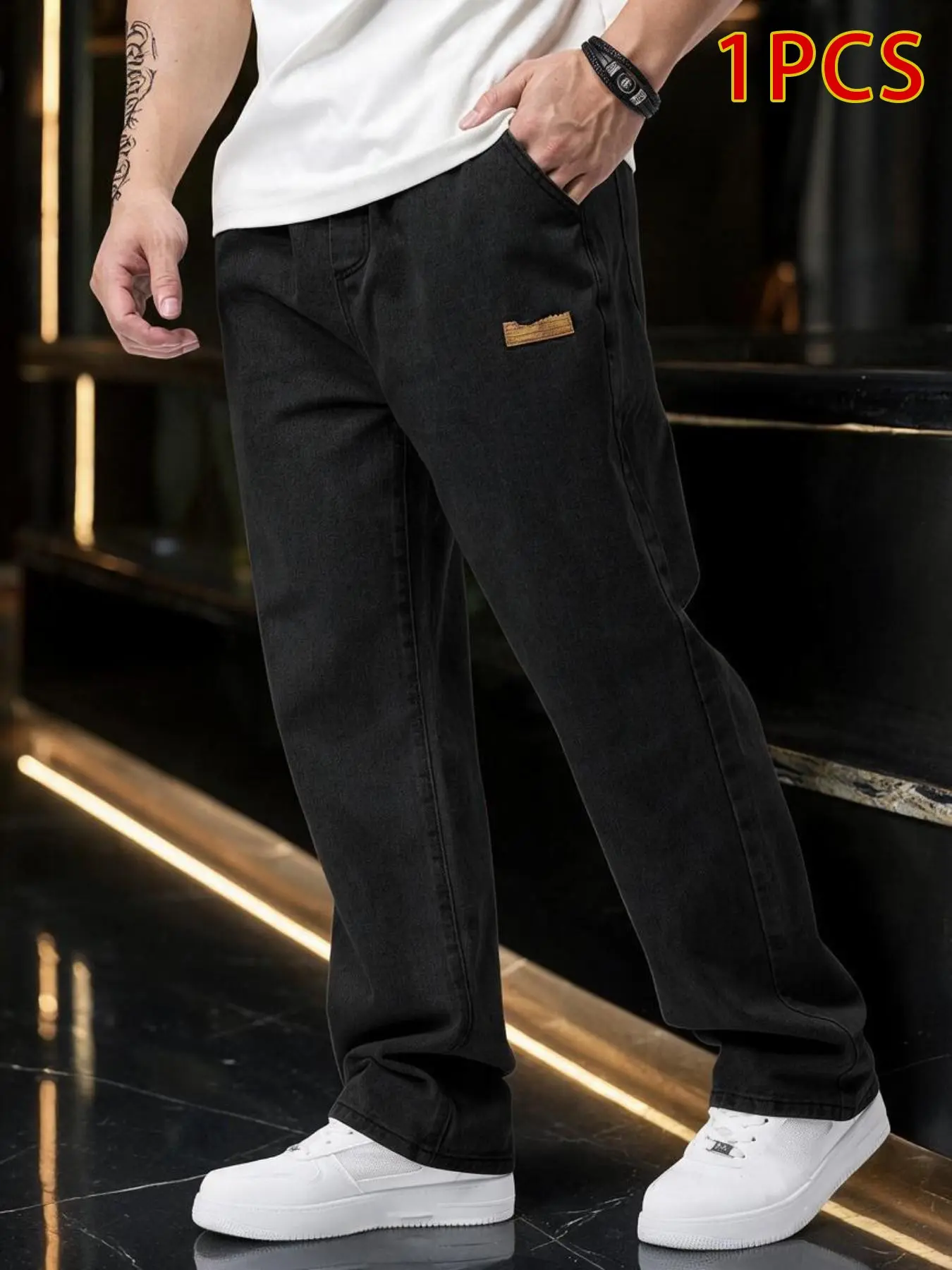 Men's Drawstring Elastic Waist Slim Straight Leg Jeans, Non Stretch Denim Jeans, Daily Casual Trendy Must-Have, One Size Larger Recommended
