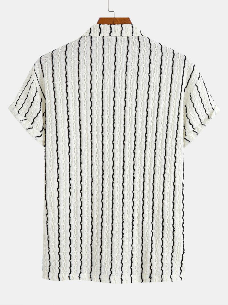 Men's Spring Summer Casual Vacation Cuban Collar Short Sleeve Shirt, Knitted Jacquard Striped Leisure Top, Comfortable Breathable Fabric