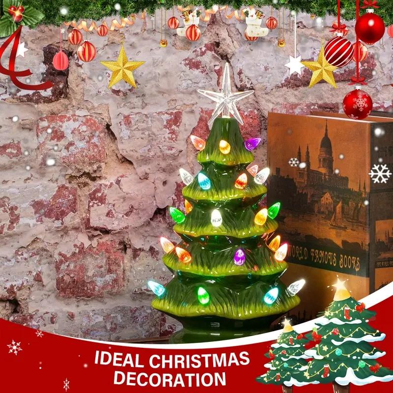 Christmas Nostalgic Ceramic Tree with LED Lights, 7.4 Inches Table Top Decor, Perfect for Home and Office, Festive Indoor Decoration