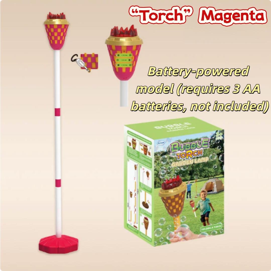 Streetlight Bubble Machine, “Torch” Bubble Machine with Music and Lights—an outdoor children's toy perfect for weddings and parties. Suitable for various occasions. Requires 3 AA batteries (not included). Recommended for ages 3 and up. Comes in a box.