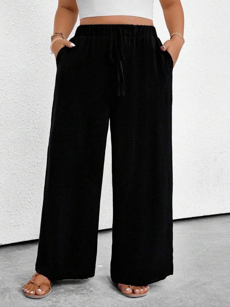 Plus Size Women's Solid Color Waistband Pocket Wide Leg Pants, Autumn Fabric, Fashionable Ladies' Clothing for Comfort and Style