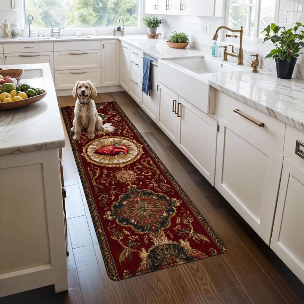 1PC， Wine - red Carpet with Heart Pattern strip rugs, home décor, bathroom mats, entryway mats, bathroom non-slip mats, indoor entrance rugs, bedroom bedside mats, kitchen mats, hallway rugs, flannel sponge rugs, hallway runner rugs