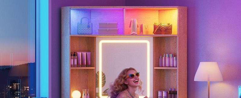 Sikaic Makeup Vanity with Sound Sync LED Lights and Glass Top Luxury Fluted Wooden Corner Vanity Desk with Mirror, Power Outlet, Shelves, Drawers and Cabinets