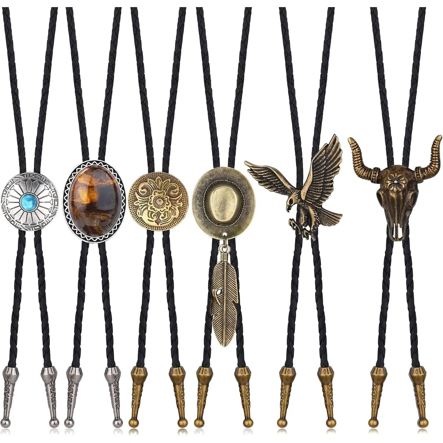 6-Pcs Handmade Western Cowboy Bolo Ties for Men, Leather Necktie with Native American Style, Natural Tiger-Eye Stone-Turquoise Cow Skull Eagle Design, Vintage Party Accessory Gift