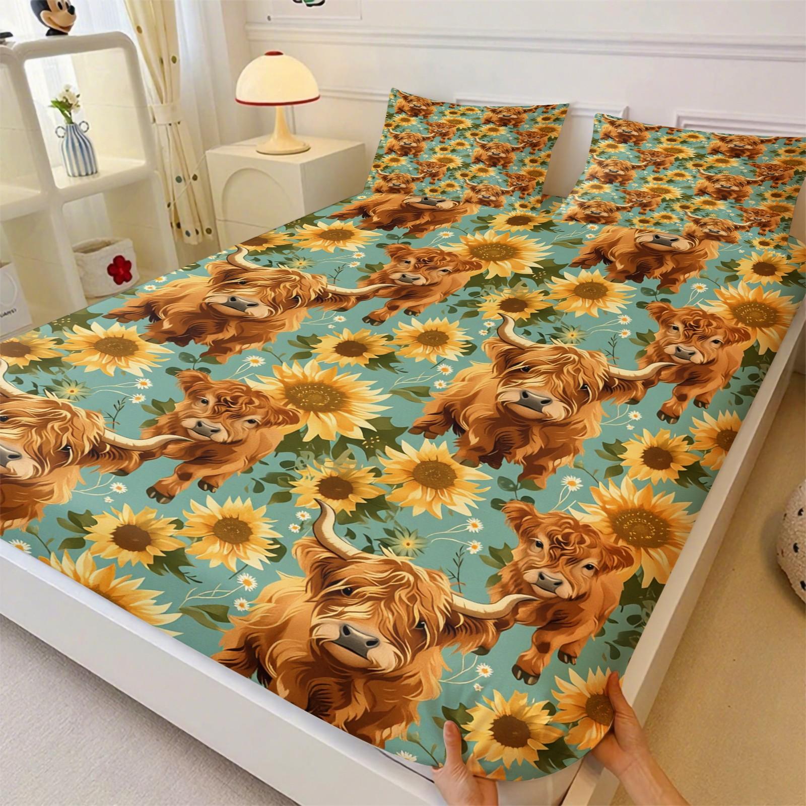 3-Piece Highland Cow & Sunflower Fitted Sheet Set, 1 Fitted Sheet + 2 Pillowcases, Soft Breathable Fabric, Non-Slip Mattress Cover, Floral Cow Bedding, Perfect for Teen Bedroom, Farmhouse Room Decor