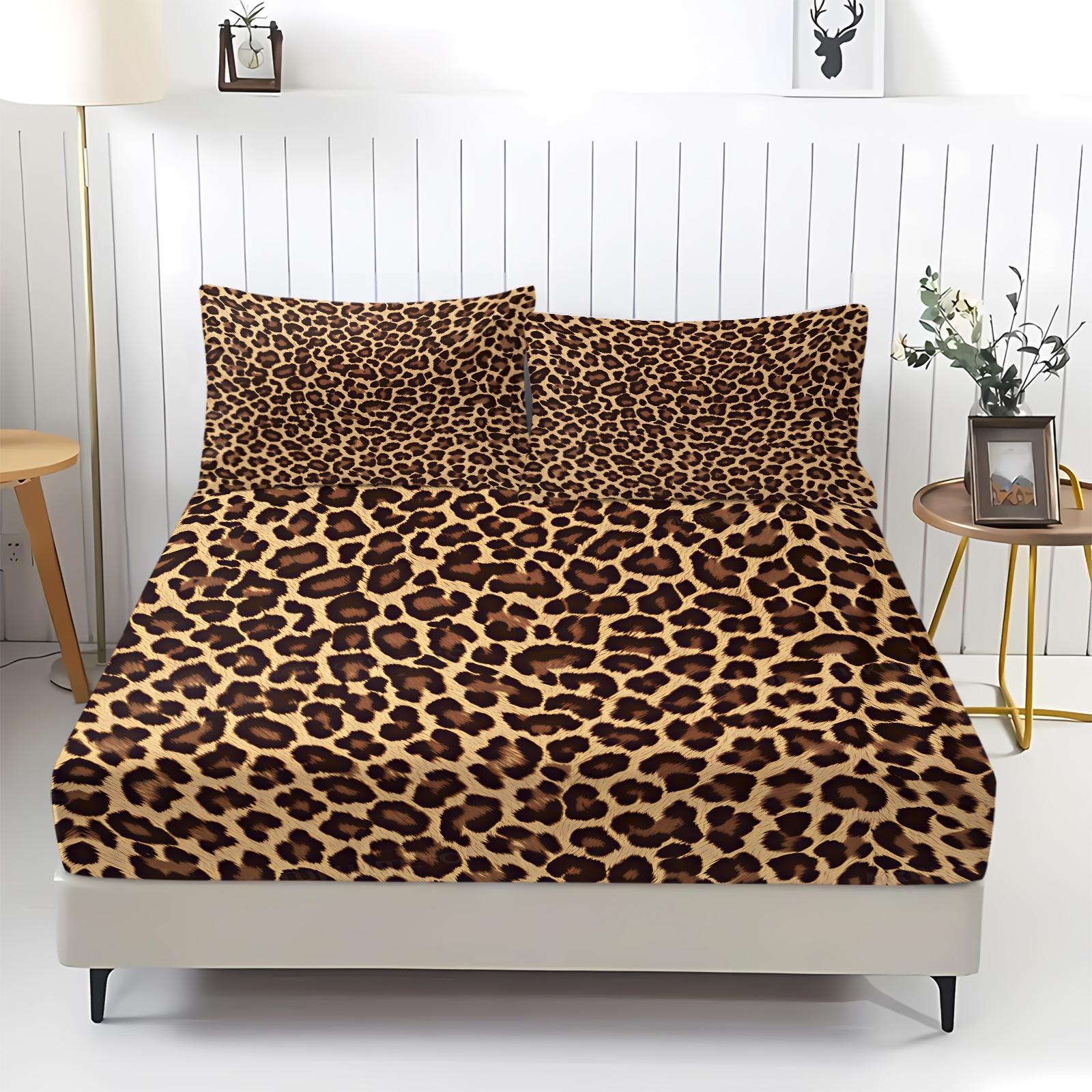 3Pcs Leopard Print Fitted Sheet Set, Retro Luxury Bedding Set, Soft and Breathable Fabric, Deep Pocket Design, Easy to Clean, Ideal for Fashionable Young Women's Bedroom Decor