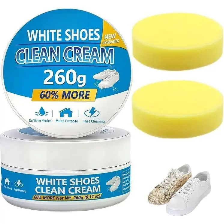 White Shoes Clean Cream  260g, Shoe Cleaning Kit Multi-Purpose Clean Cream white Shoe Cleaner with Sponge, No Water Needed, Sneaker Cleaner for Leather, Sofa,  Interior