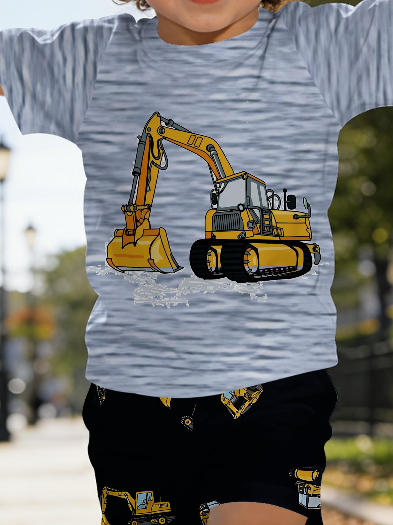 Vibrant Printed Infant Short-Sleeve Set for Little Engineering Vehicle Fans, Casual Kids' Clothing for Babies, T-Shirt Suitable for Daily and Outdoor Activities, 100% Polyester, a Perfect Gift for Infants!