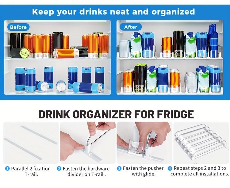 Refrigerator beverage storage box, refrigerator bottle and can organizer, self-pushing soda can dispenser, beverage pusher, white bar-shaped design, upgraded with double-layer divider panels, equipped with positioning clips