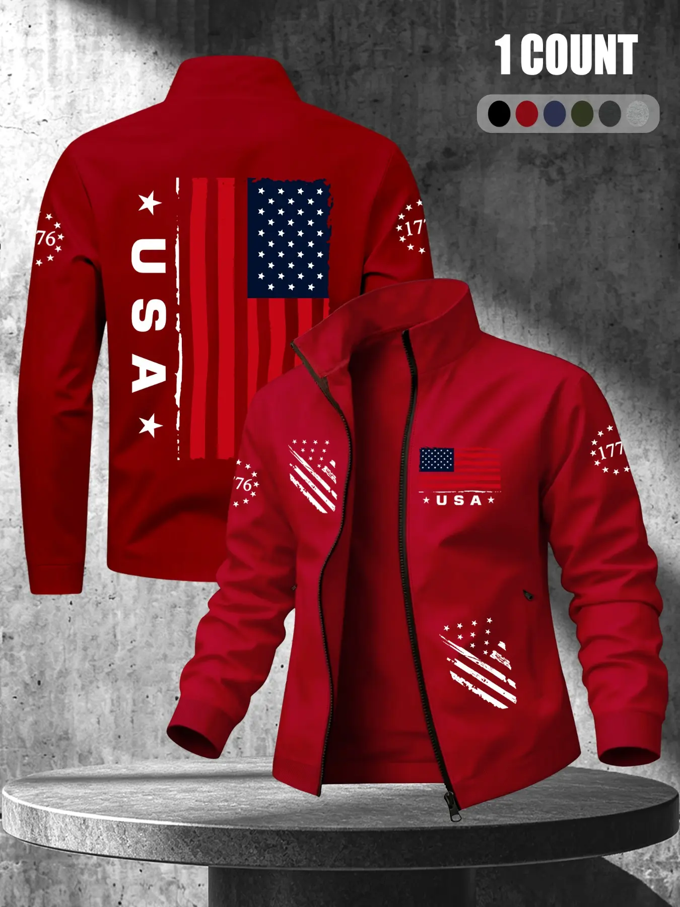 Men's Stand Collar Zipper Jacket, Sporty Loose-Fit Outerwear, Wind-Resistant Anti-Stain, Usa Flag Print, Lightweight Wrinkle-Resistant Fabric